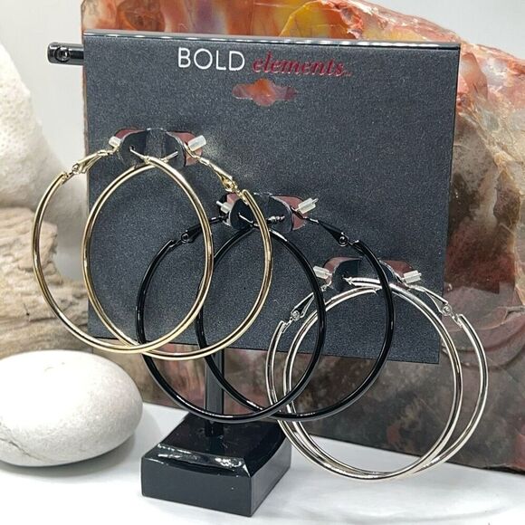 Gold/Black/Silver Basic 3 Hoop Set Bold Elements Earrings Set $16ea / 3 for $25 - Picture 3 of 5